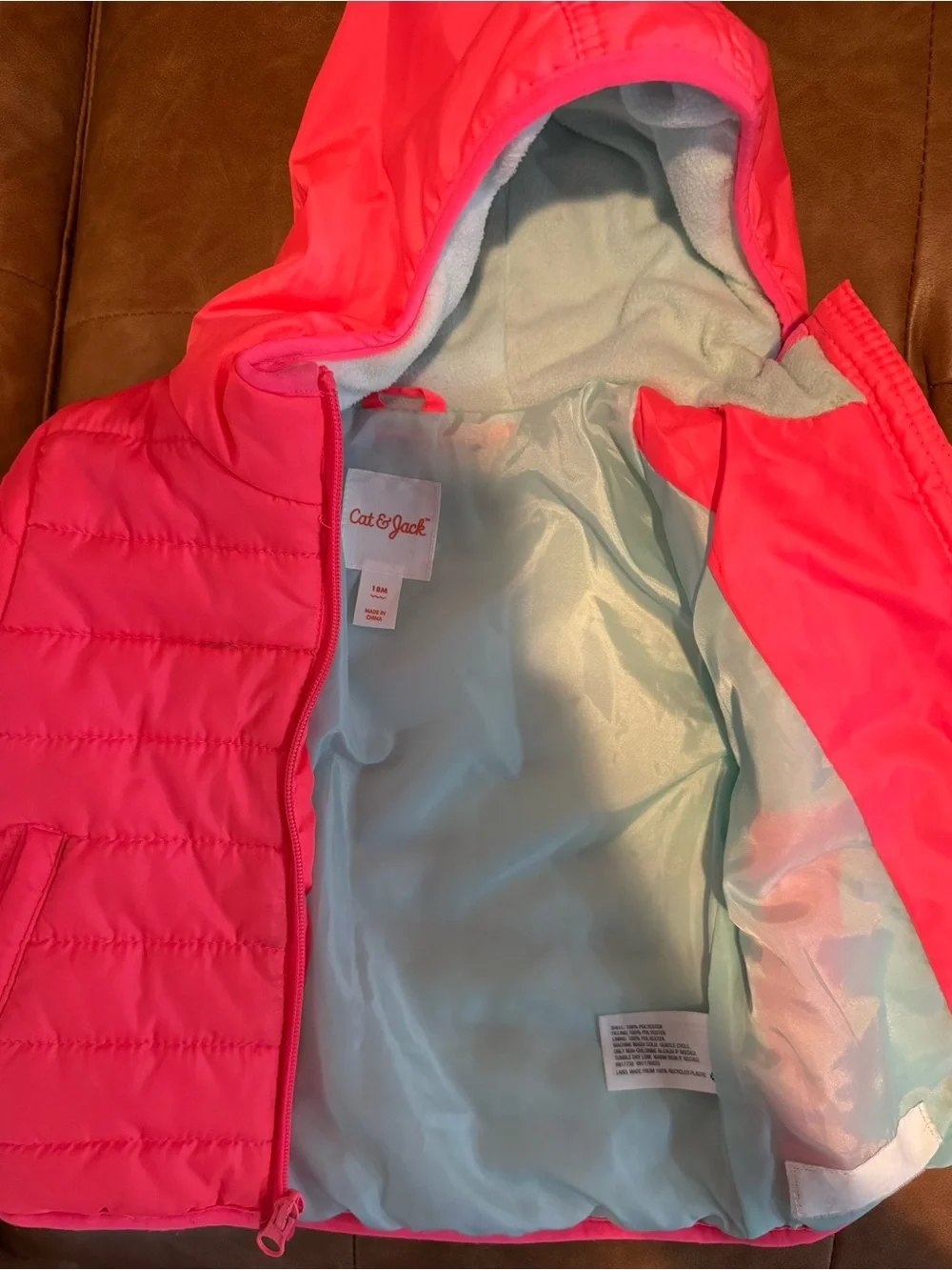 Cat&Jack girl Hot pink fleece lined hood toddler size 18M coat puffer jacket